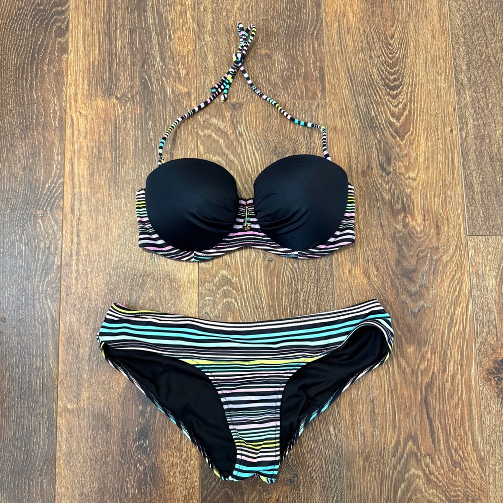 Victorias Secret Striped Black Strapless Bikini Set
